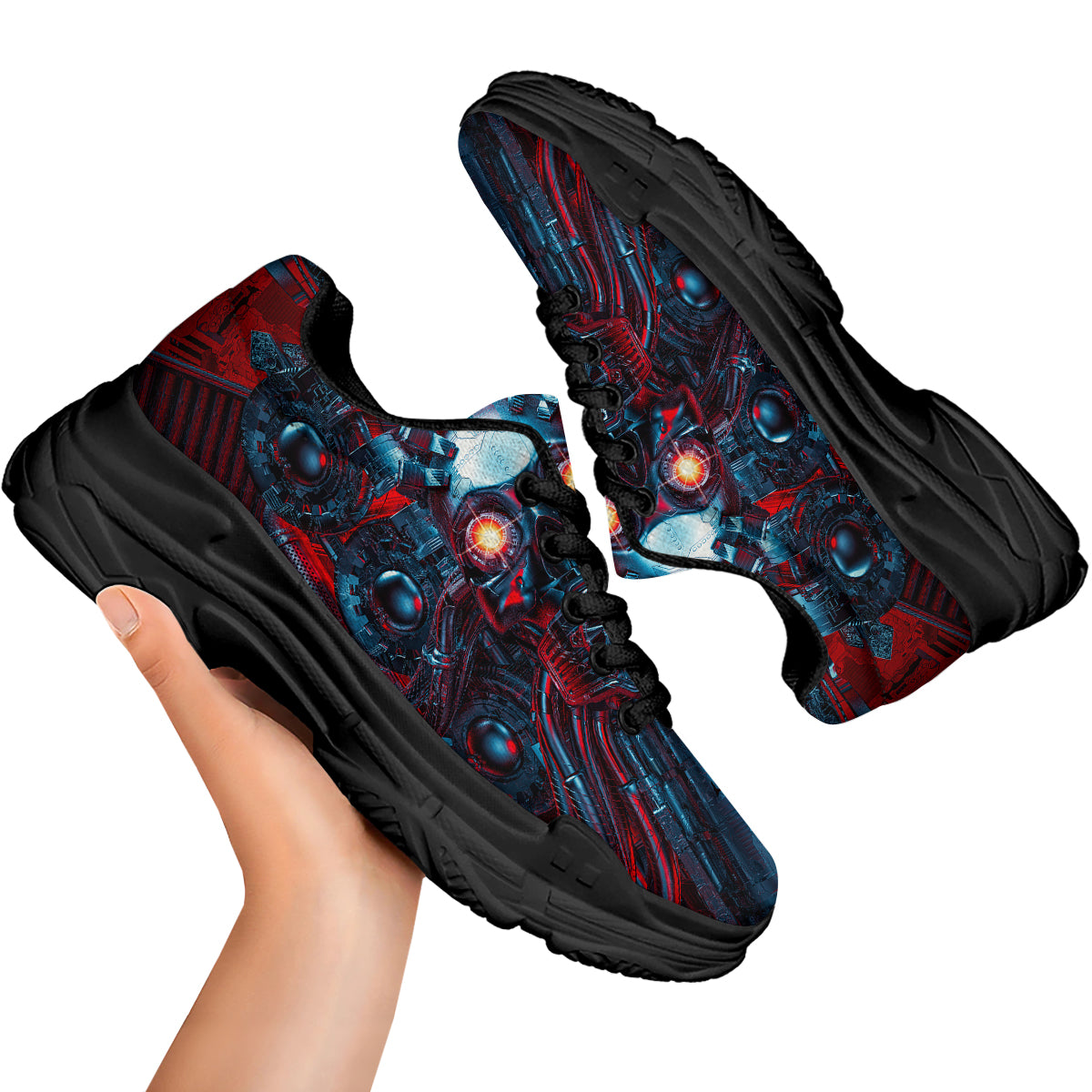 Red Machine Robot Print Black Chunky Shoes-grizzshop