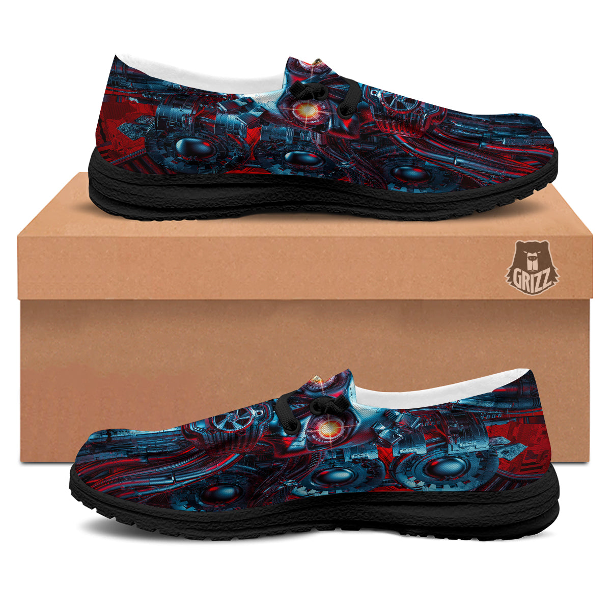 Red Machine Robot Print Black Loafers-grizzshop