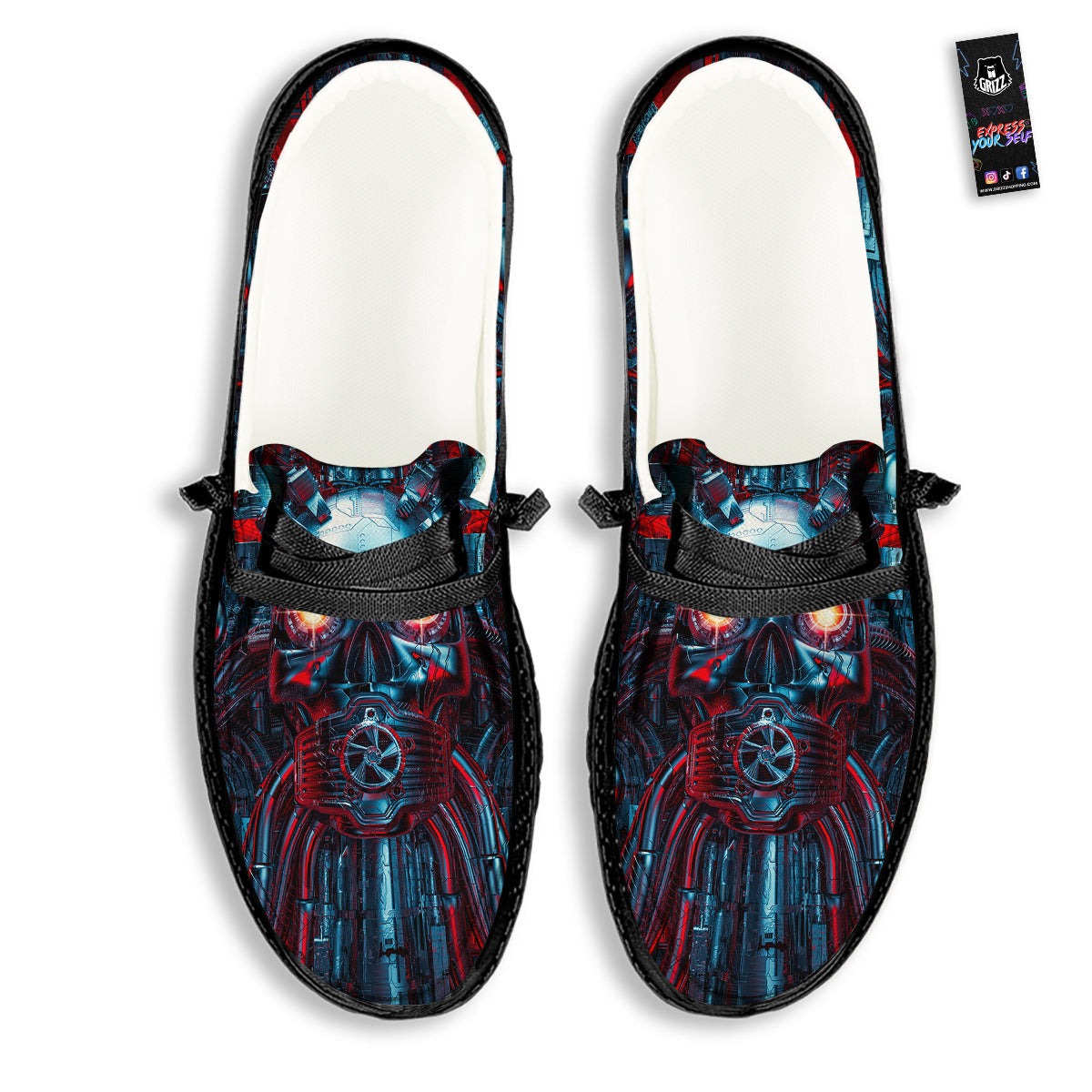 Red Machine Robot Print Black Loafers-grizzshop