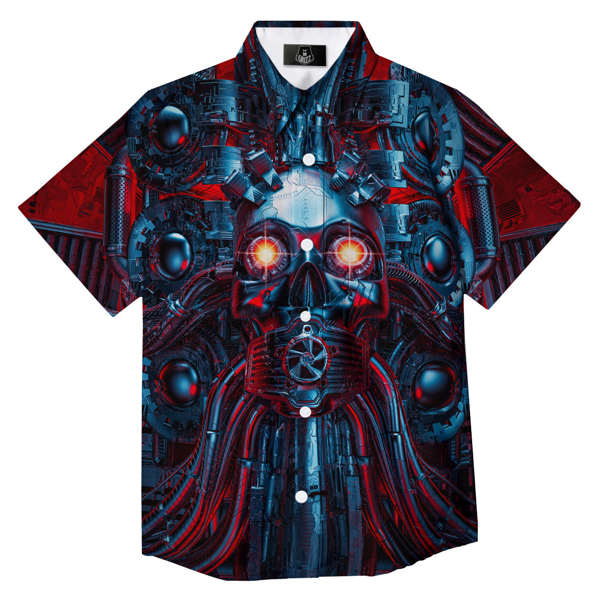 Red Machine Robot Print Button Up Shirt-grizzshop
