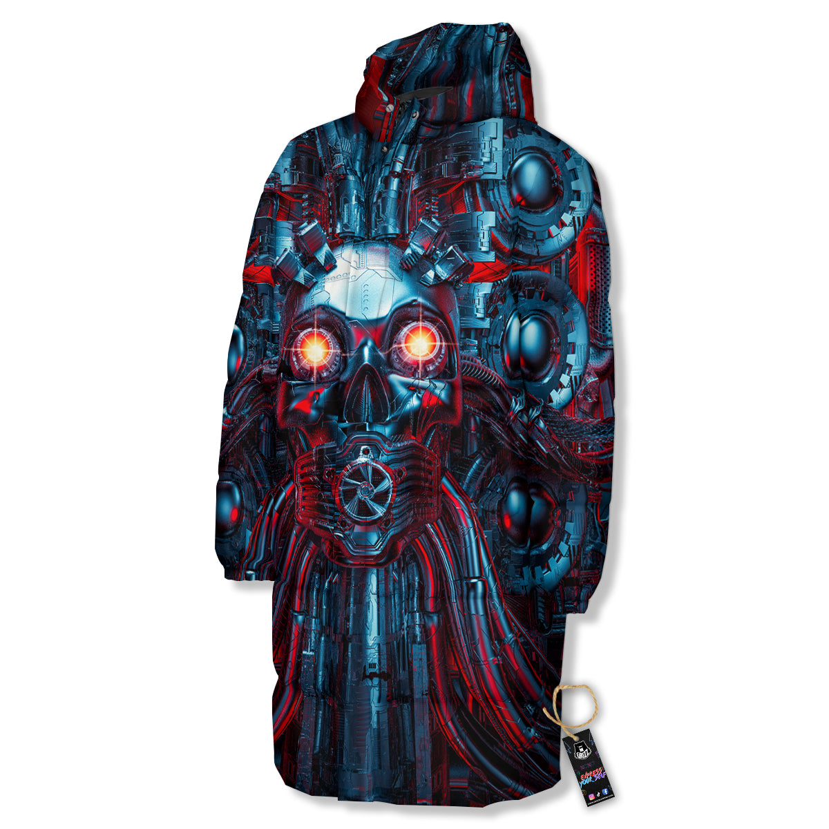 Red Machine Robot Print Long Down Jacket-grizzshop
