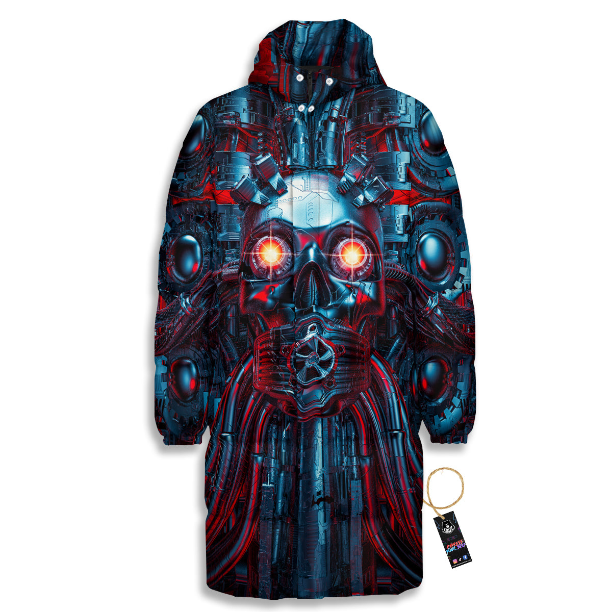 Red Machine Robot Print Long Down Jacket-grizzshop