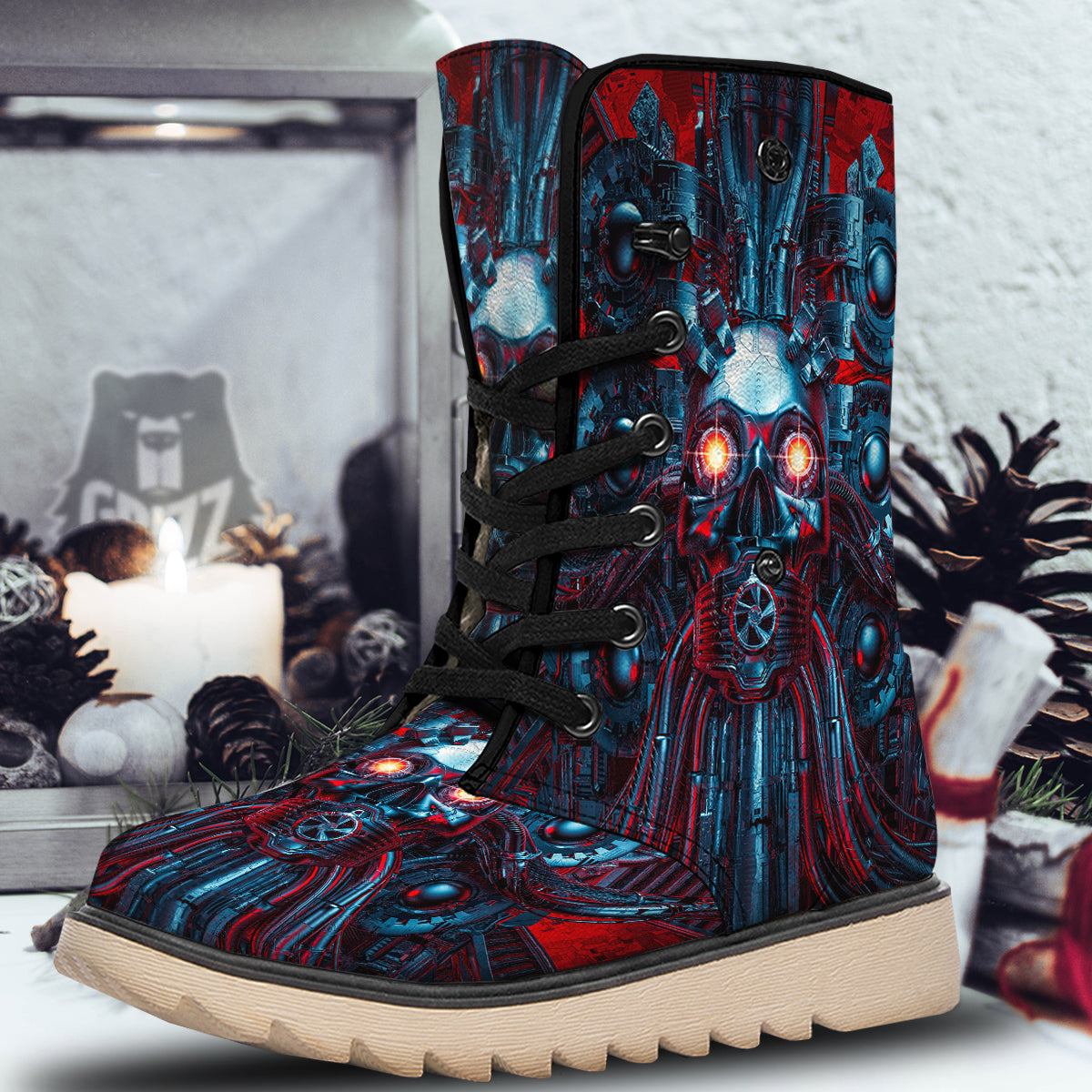 Red Machine Robot Print Snow Boots-grizzshop
