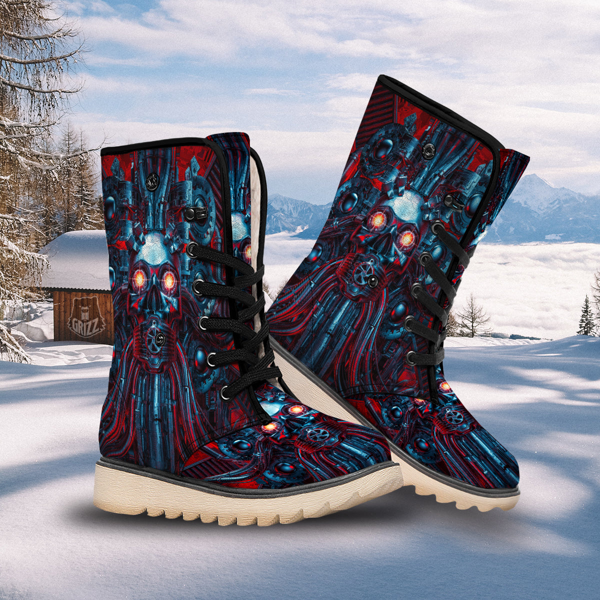 Red Machine Robot Print Snow Boots-grizzshop