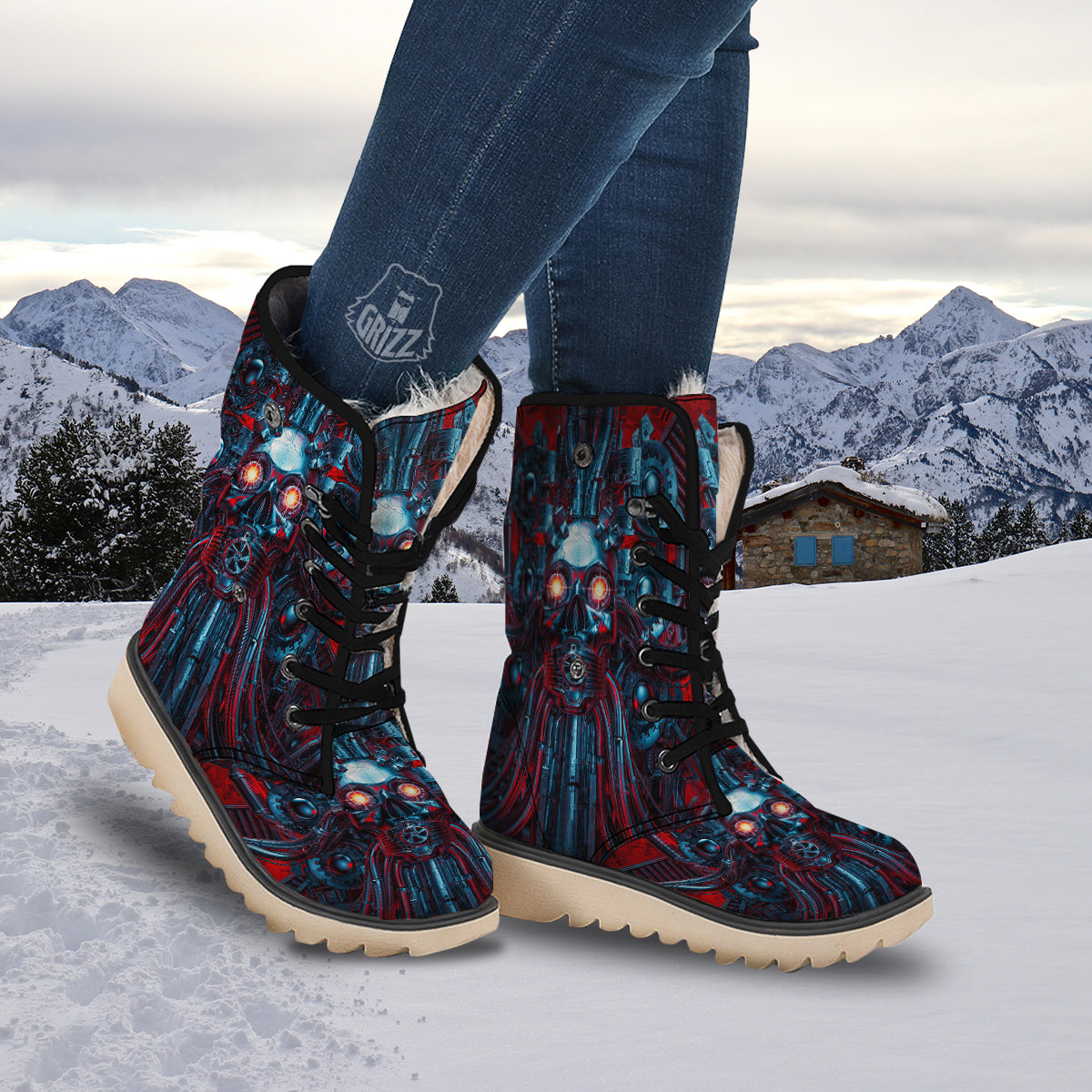 Red Machine Robot Print Snow Boots-grizzshop
