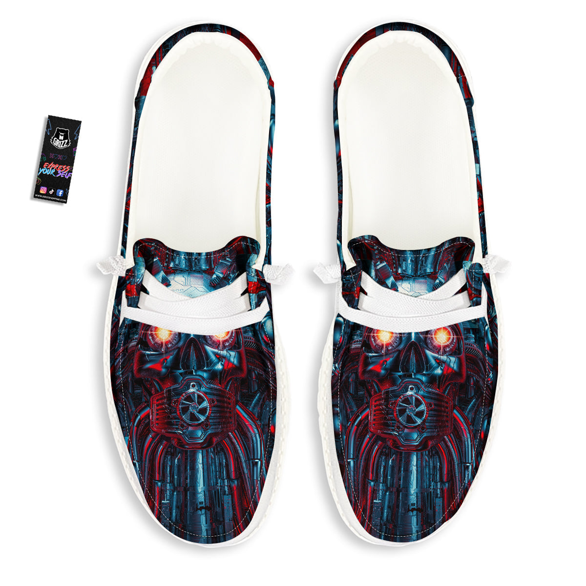 Red Machine Robot Print White Loafers-grizzshop