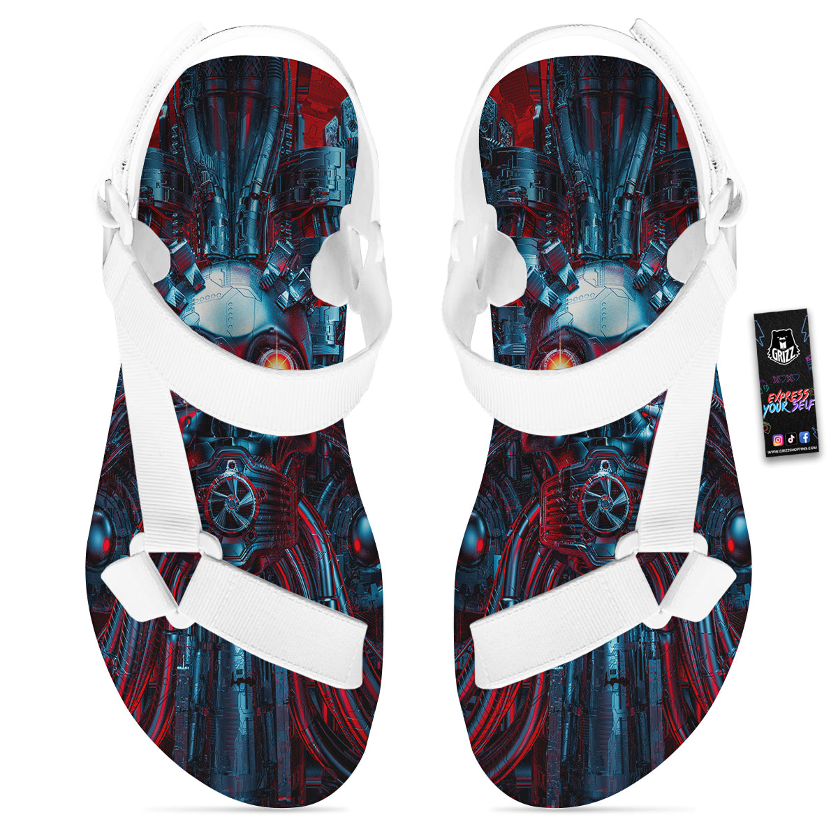 Red Machine Robot Print White Open Toe Sandals-grizzshop