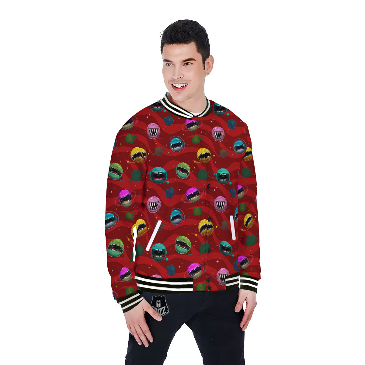 Red Monster Planets Print Pattern Baseball Jacket-grizzshop