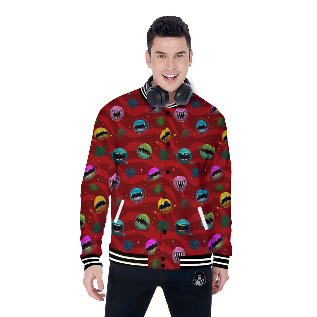 Red Monster Planets Print Pattern Baseball Jacket-grizzshop