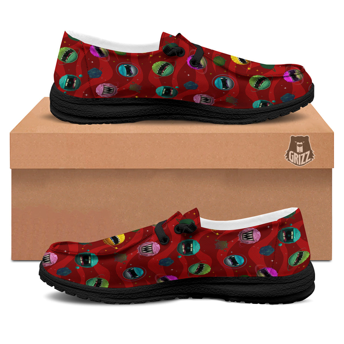 Red Monster Planets Print Pattern Black Loafers-grizzshop
