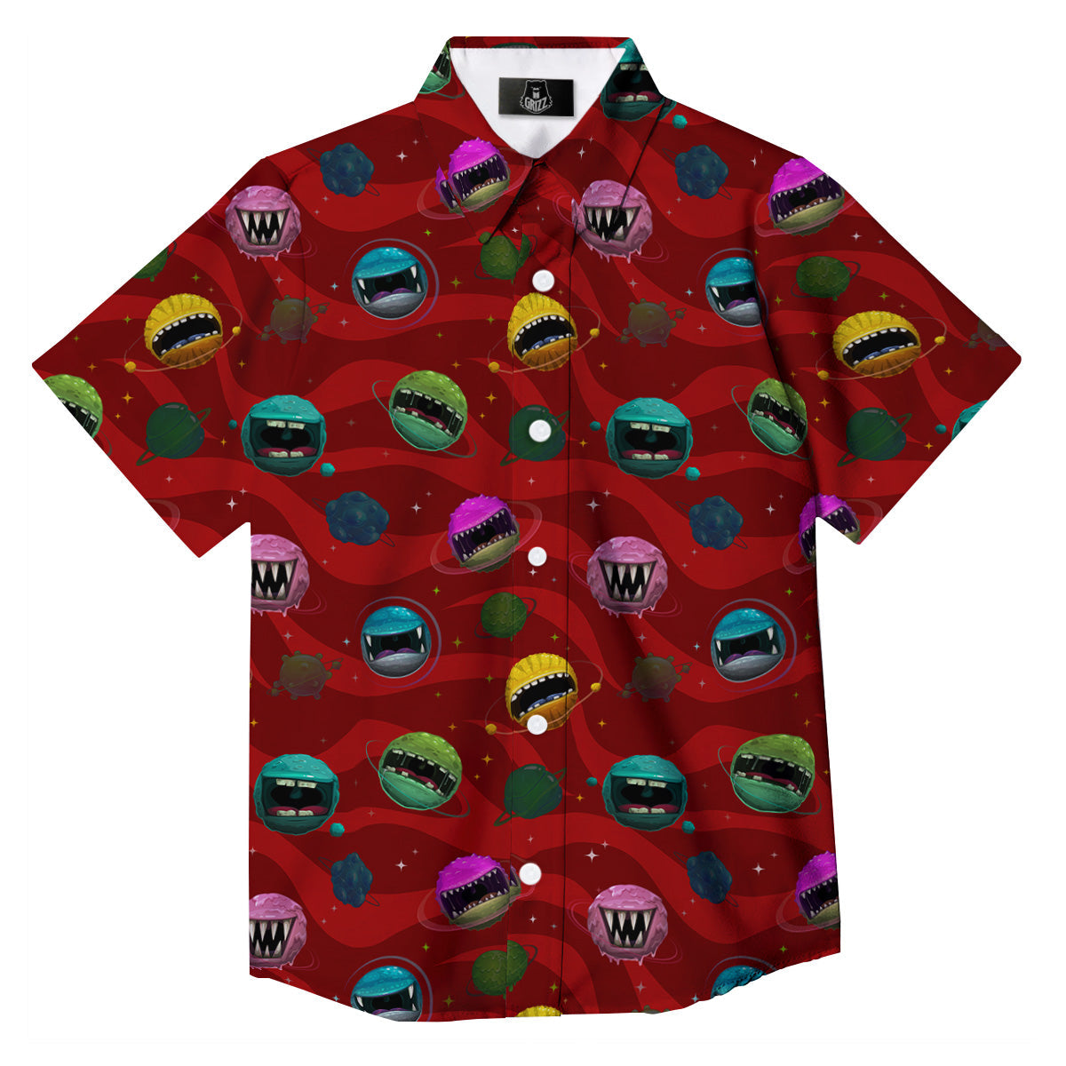 Red Monster Planets Print Pattern Button Up Shirt-grizzshop