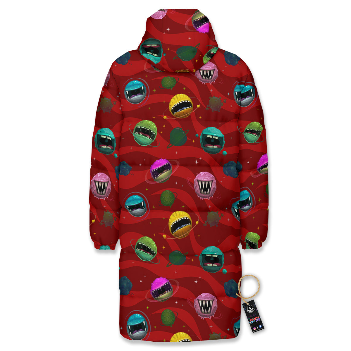 Red Monster Planets Print Pattern Long Down Jacket-grizzshop
