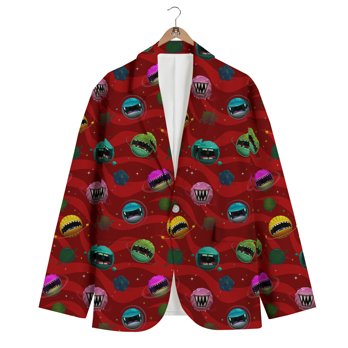 Red Monster Planets Print Pattern Men's Blazer-grizzshop