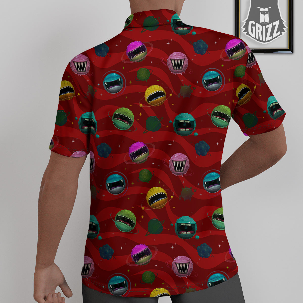 Red Monster Planets Print Pattern Untucked Shirts-grizzshop