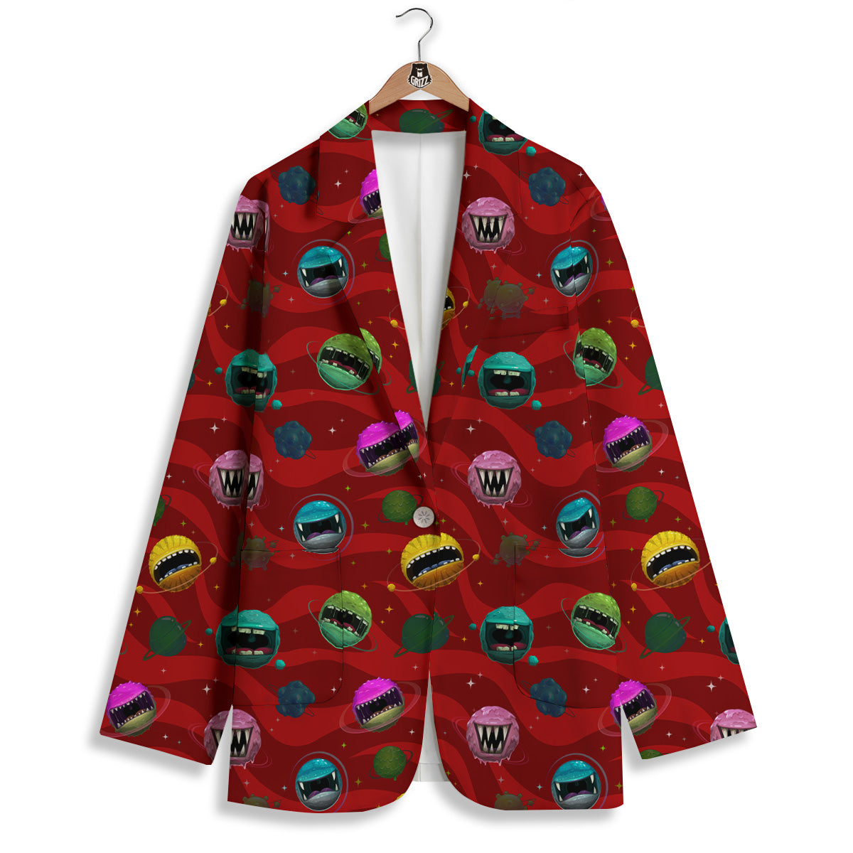 Red Monster Planets Print Pattern Women's Blazer-grizzshop