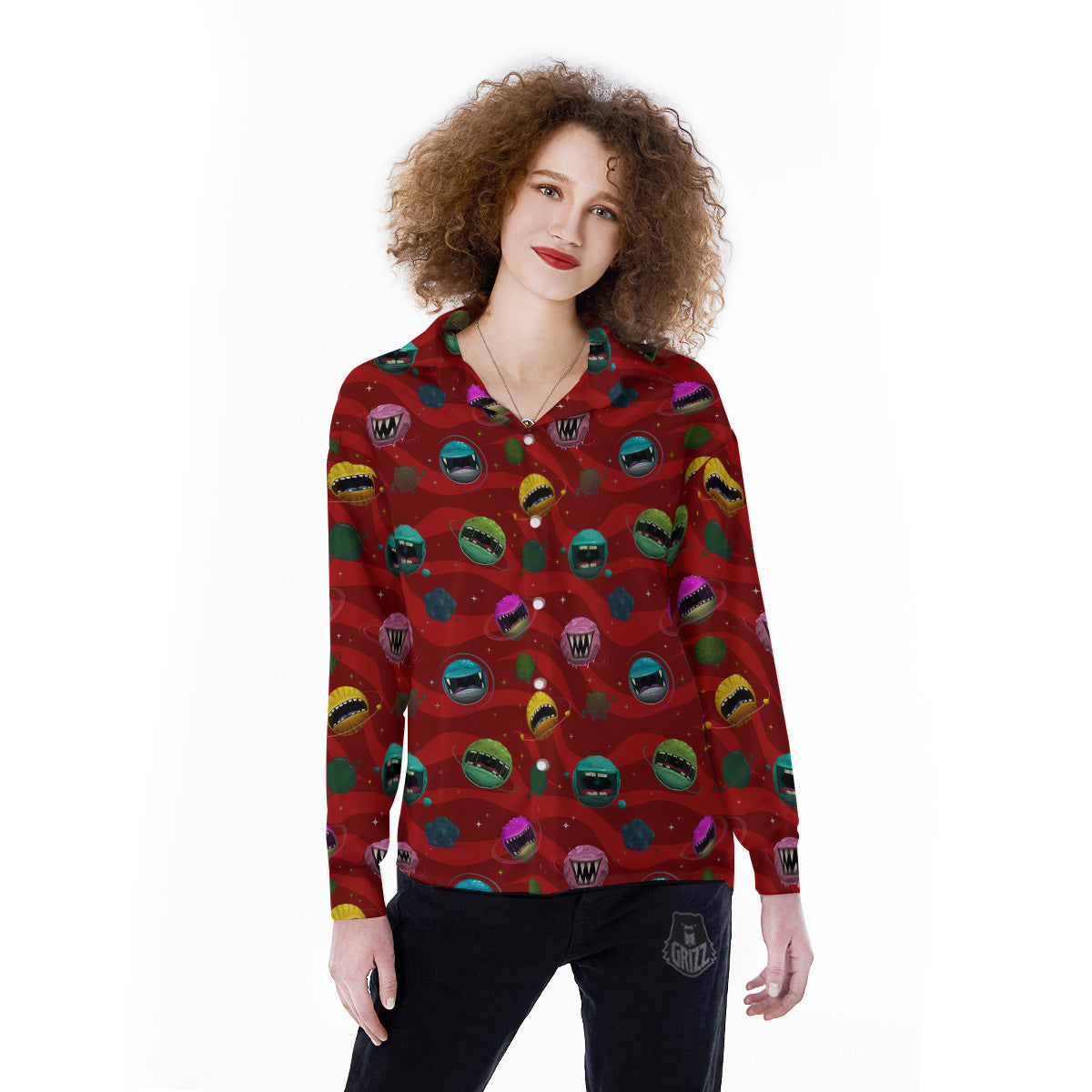 Red Monster Planets Print Pattern Women's Long Sleeve Shirts-grizzshop
