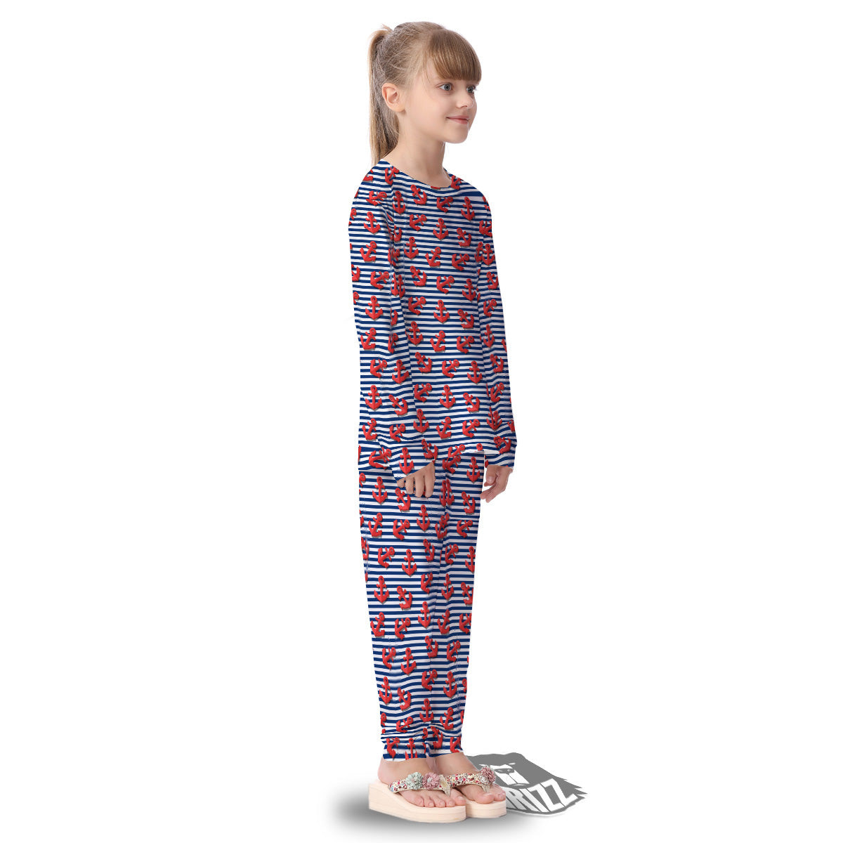 Red Nautical Anchor Blue Striped Print Kid's Pajamas-grizzshop