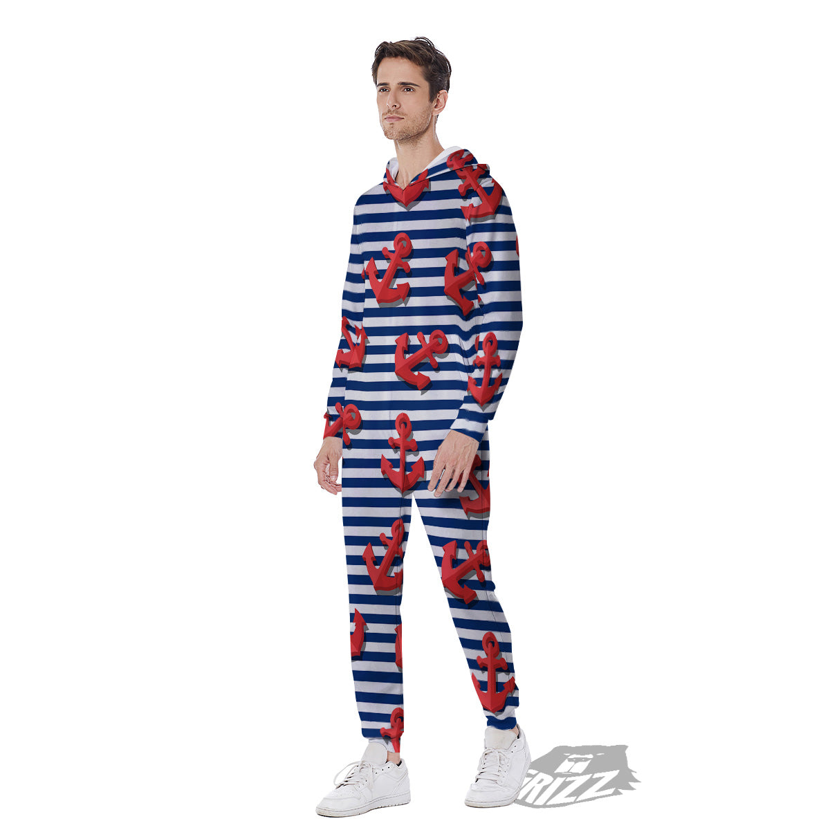 Red Nautical Anchor Blue Striped Print Men's Jumpsuit-grizzshop