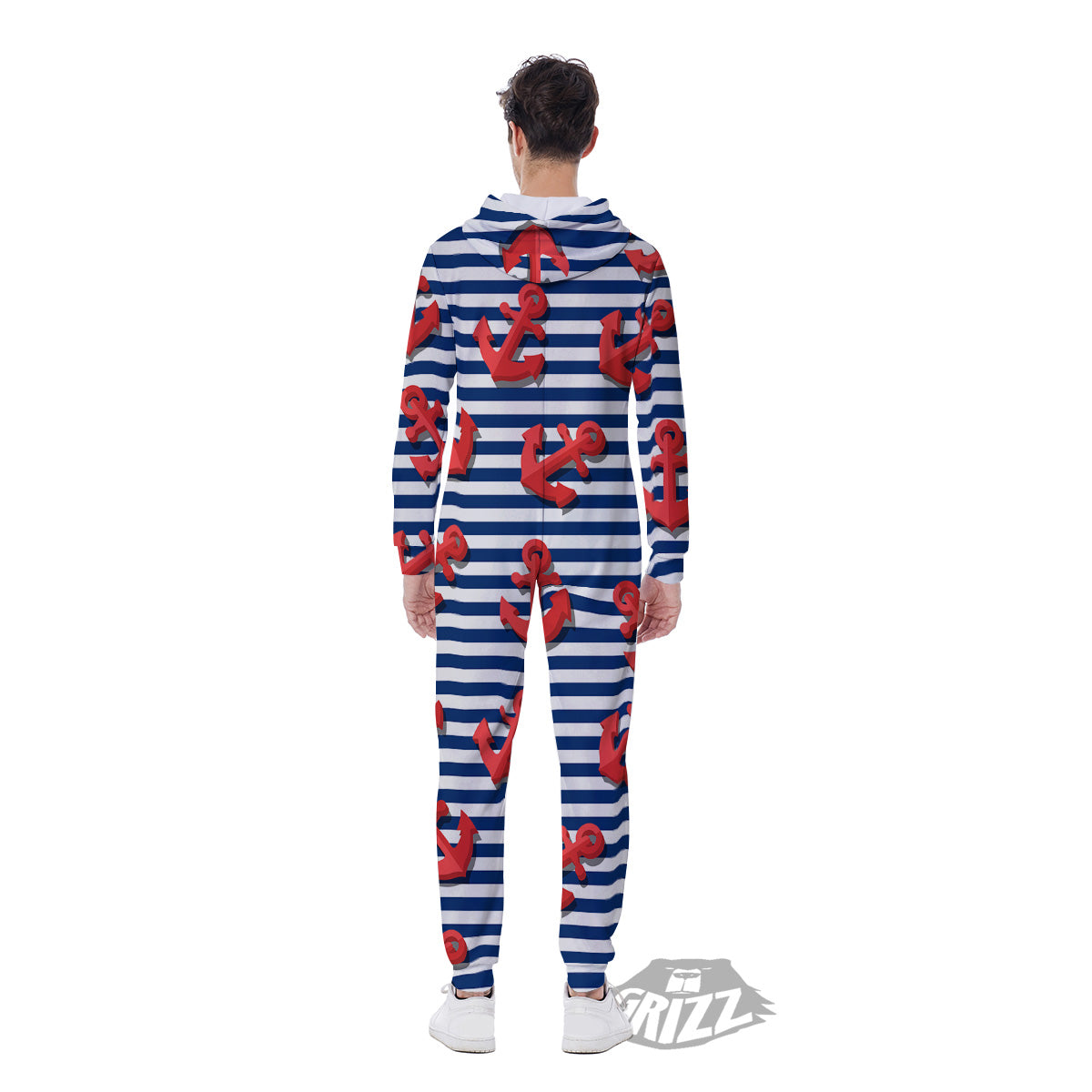 Red Nautical Anchor Blue Striped Print Men's Jumpsuit-grizzshop