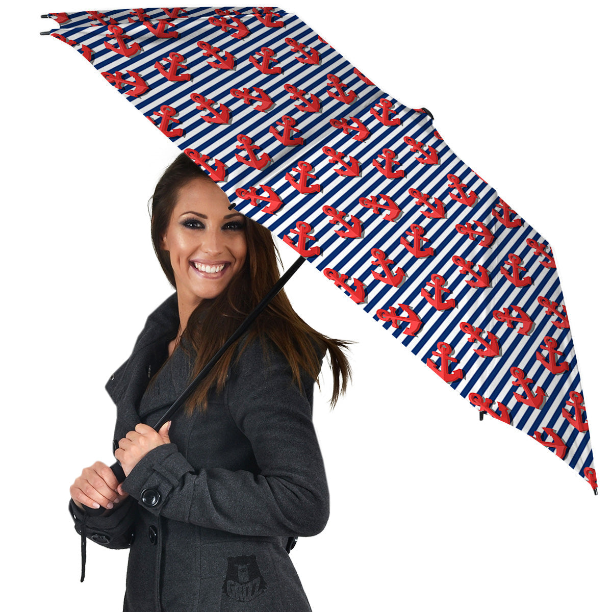 Red Nautical Anchor Blue Striped Print Umbrella-grizzshop