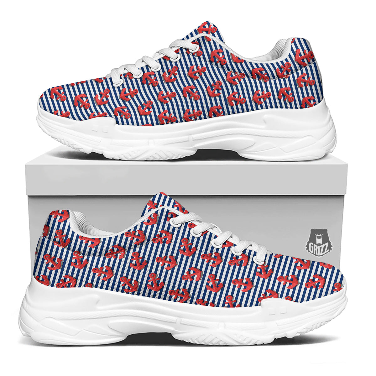 Red Nautical Anchor Blue Striped Print White Chunky Shoes-grizzshop
