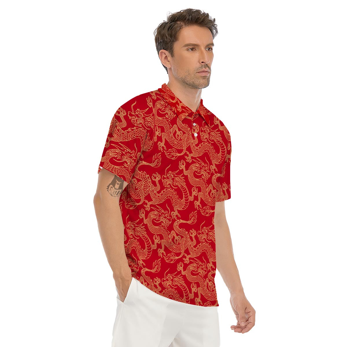 Red Oriental Chinese Dragon Men's Golf Shirts-grizzshop