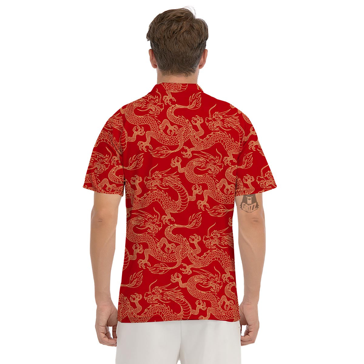 Red Oriental Chinese Dragon Men's Golf Shirts-grizzshop