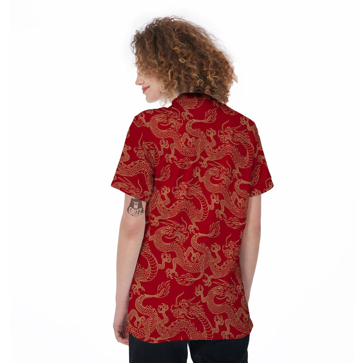 Red Oriental Chinese Dragon Women's Golf Shirts-grizzshop