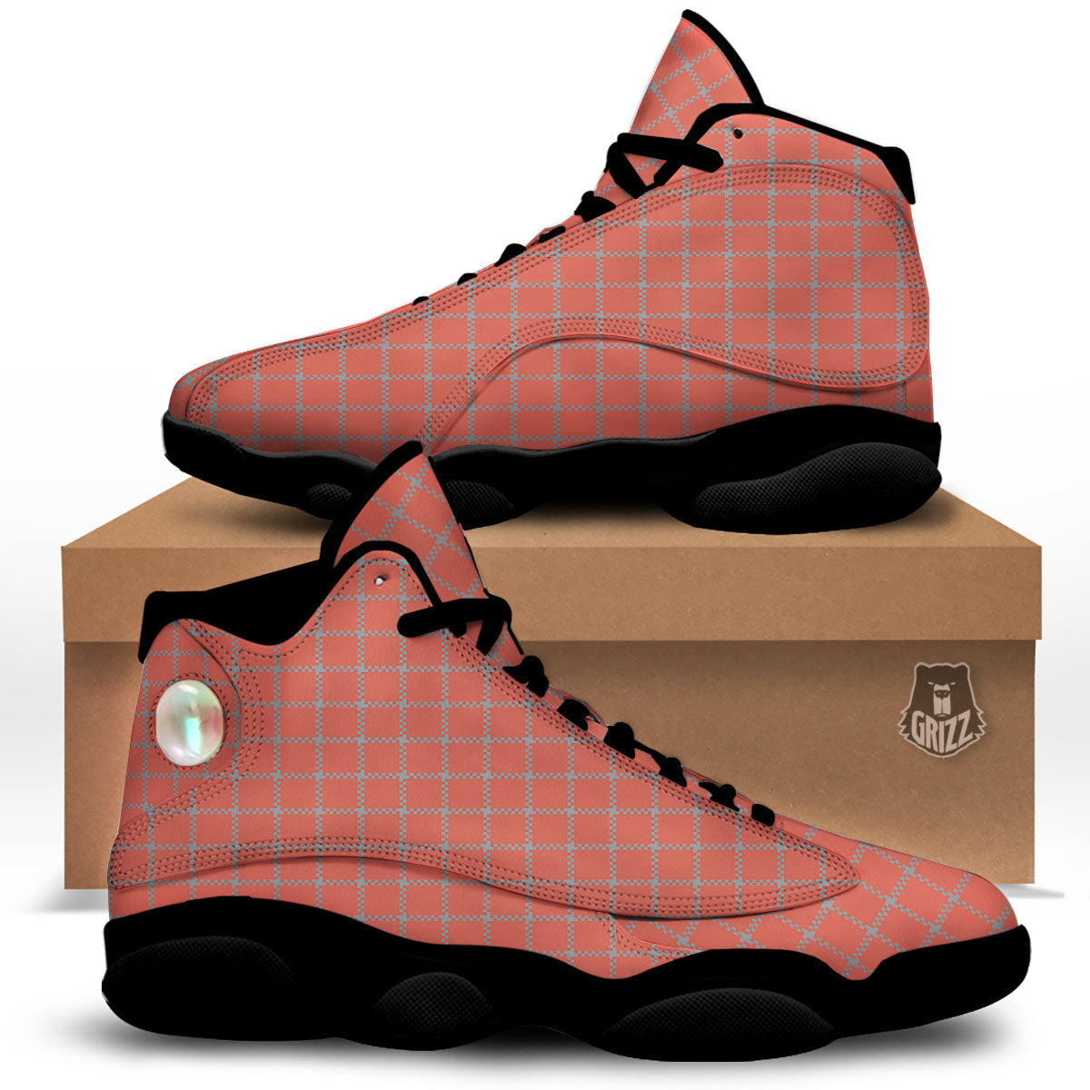Red Pastel And Grey Tattersall Print Black Basketball Shoes-grizzshop