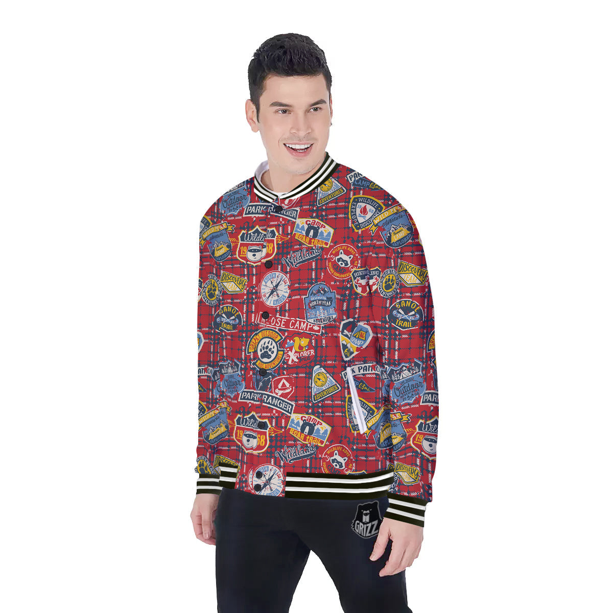 Red Plaid Mountain Camp Tartan Print Baseball Jacket-grizzshop