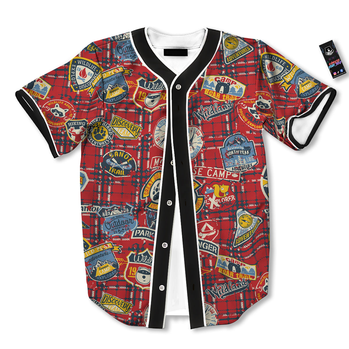 Red Plaid Mountain Camp Tartan Print Baseball Jersey-grizzshop