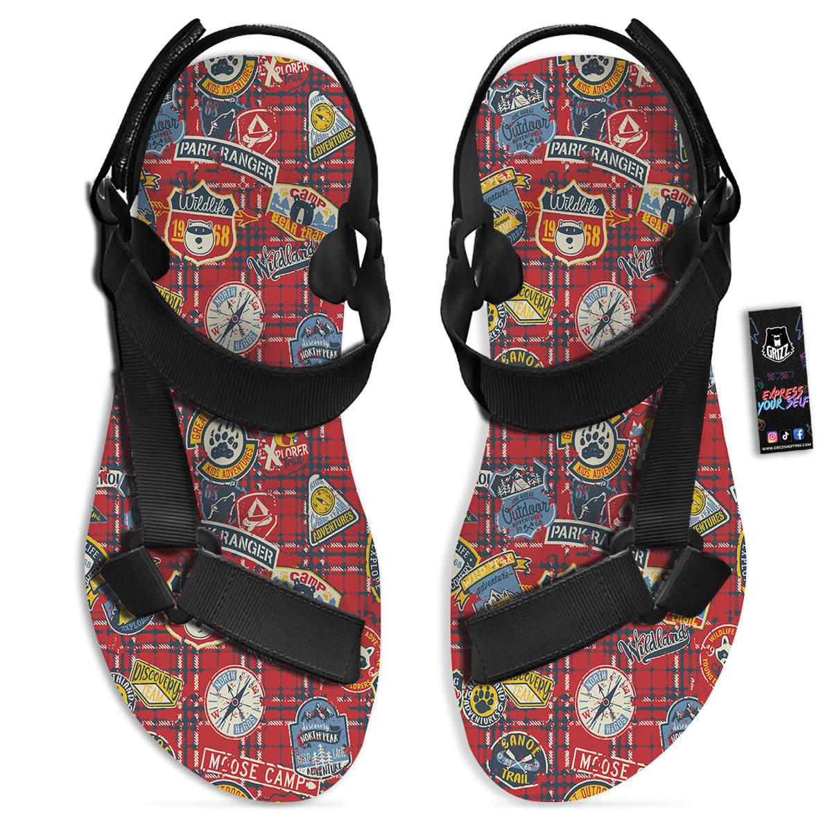 Red Plaid Mountain Camp Tartan Print Black Open Toe Sandals-grizzshop