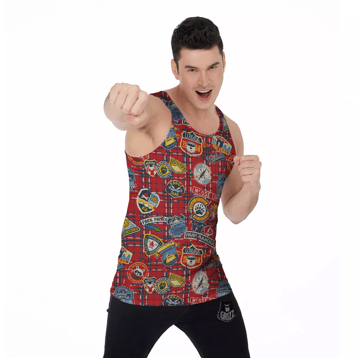 Red Plaid Mountain Camp Tartan Print Men's Tank Top-grizzshop