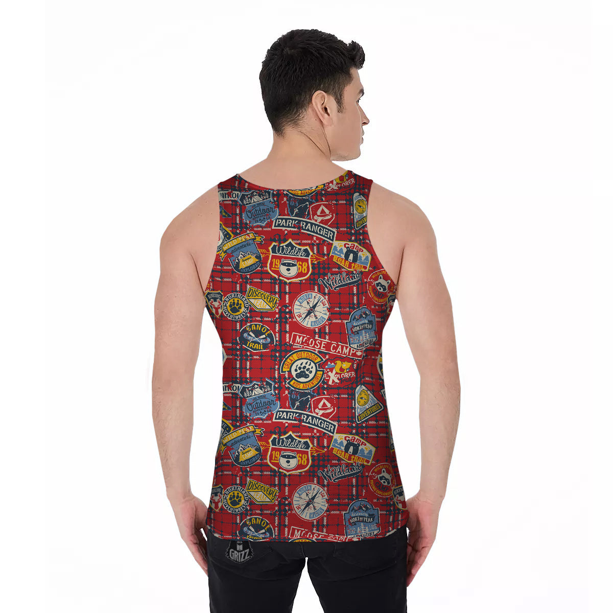 Red Plaid Mountain Camp Tartan Print Men's Tank Top-grizzshop