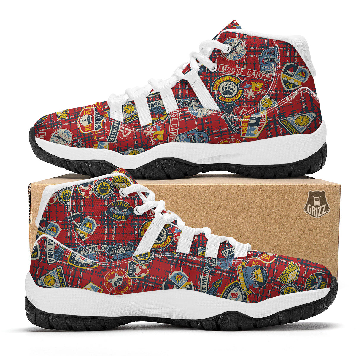 Red Plaid Mountain Camp Tartan Print White Bball Shoes-grizzshop