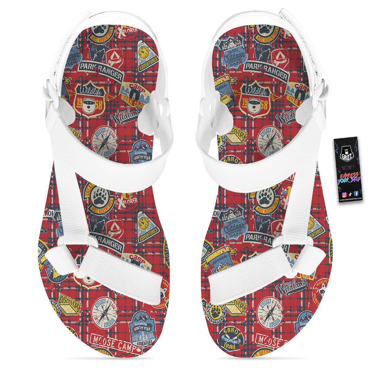 Red Plaid Mountain Camp Tartan Print White Open Toe Sandals-grizzshop