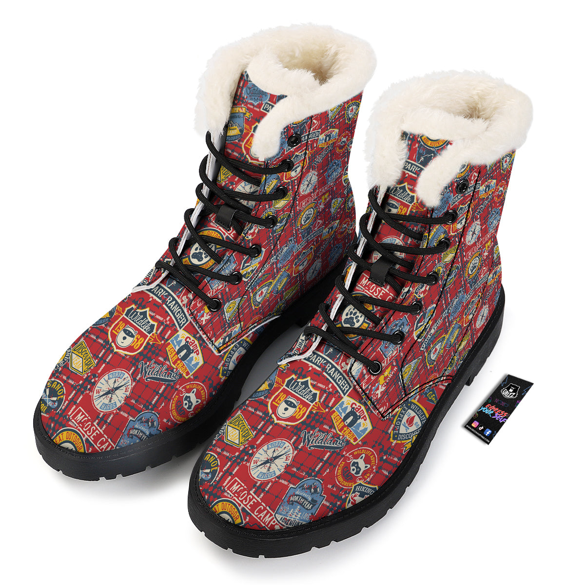 Red Plaid Mountain Camp Tartan Print Winter Boots-grizzshop