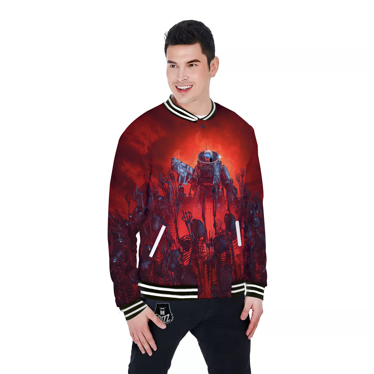 Red Robot And Skeleton Troop Print Baseball Jacket-grizzshop