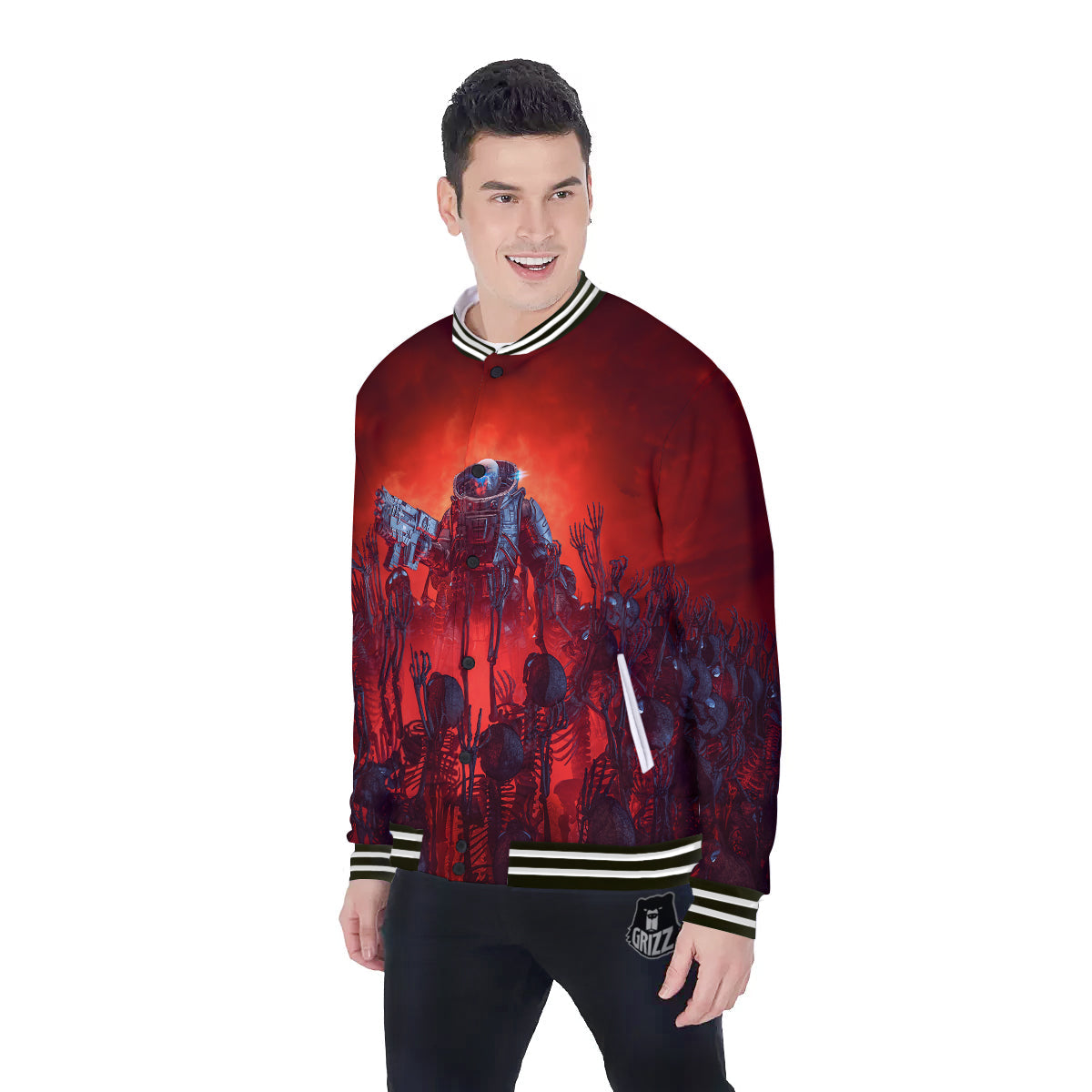 Red Robot And Skeleton Troop Print Baseball Jacket-grizzshop