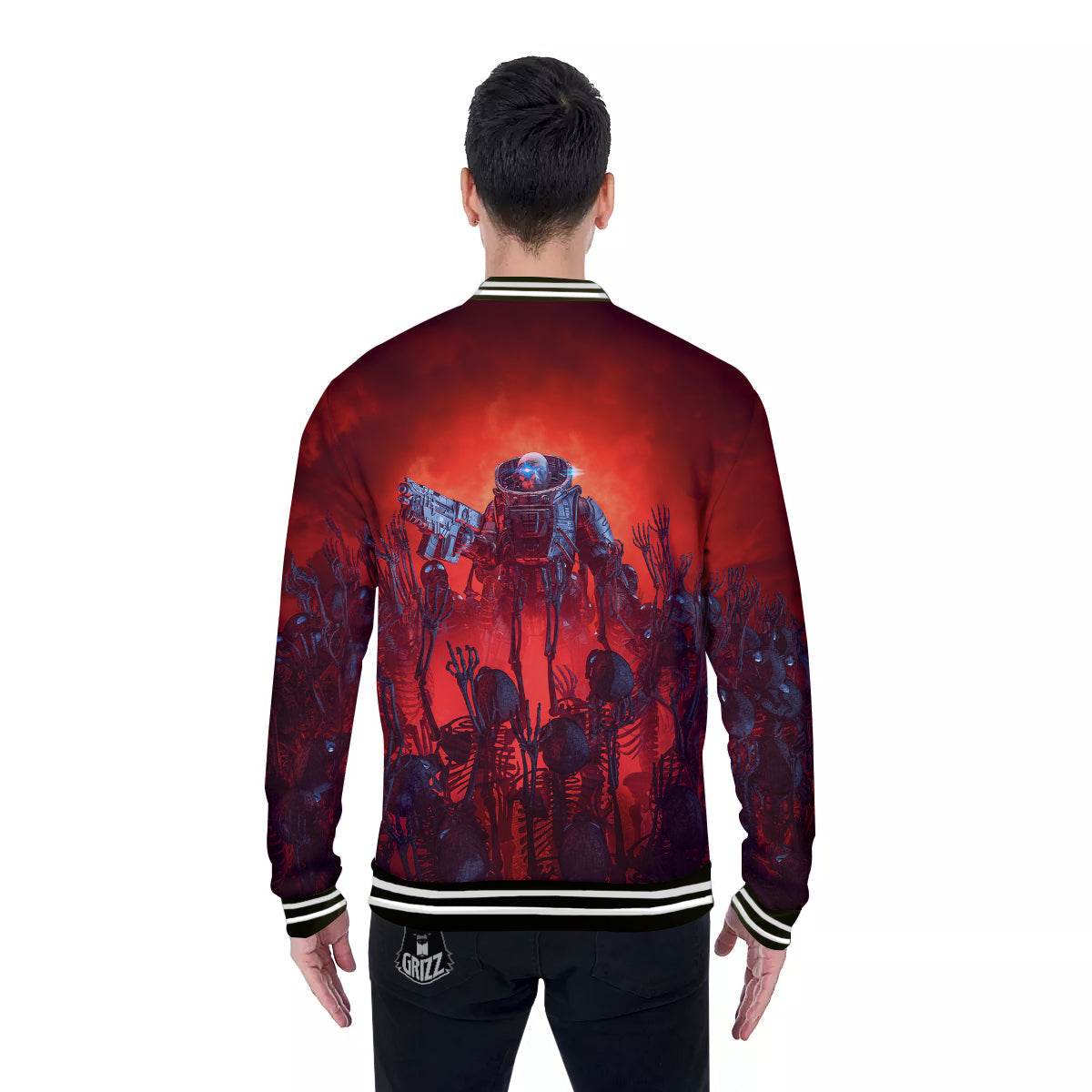 Red Robot And Skeleton Troop Print Baseball Jacket-grizzshop