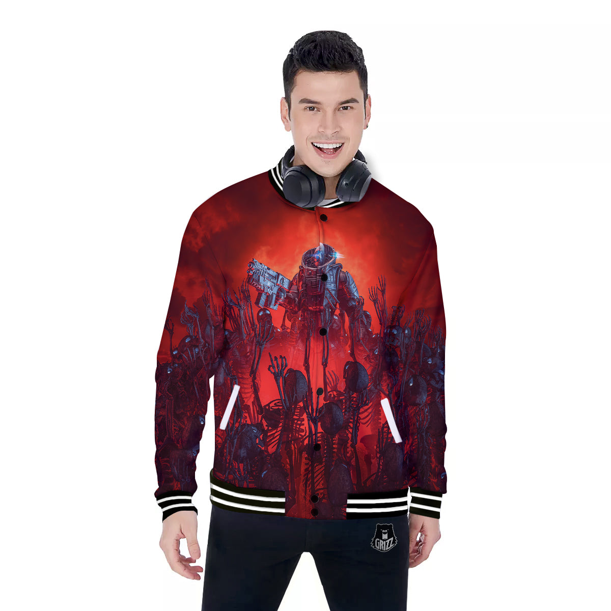Red Robot And Skeleton Troop Print Baseball Jacket-grizzshop