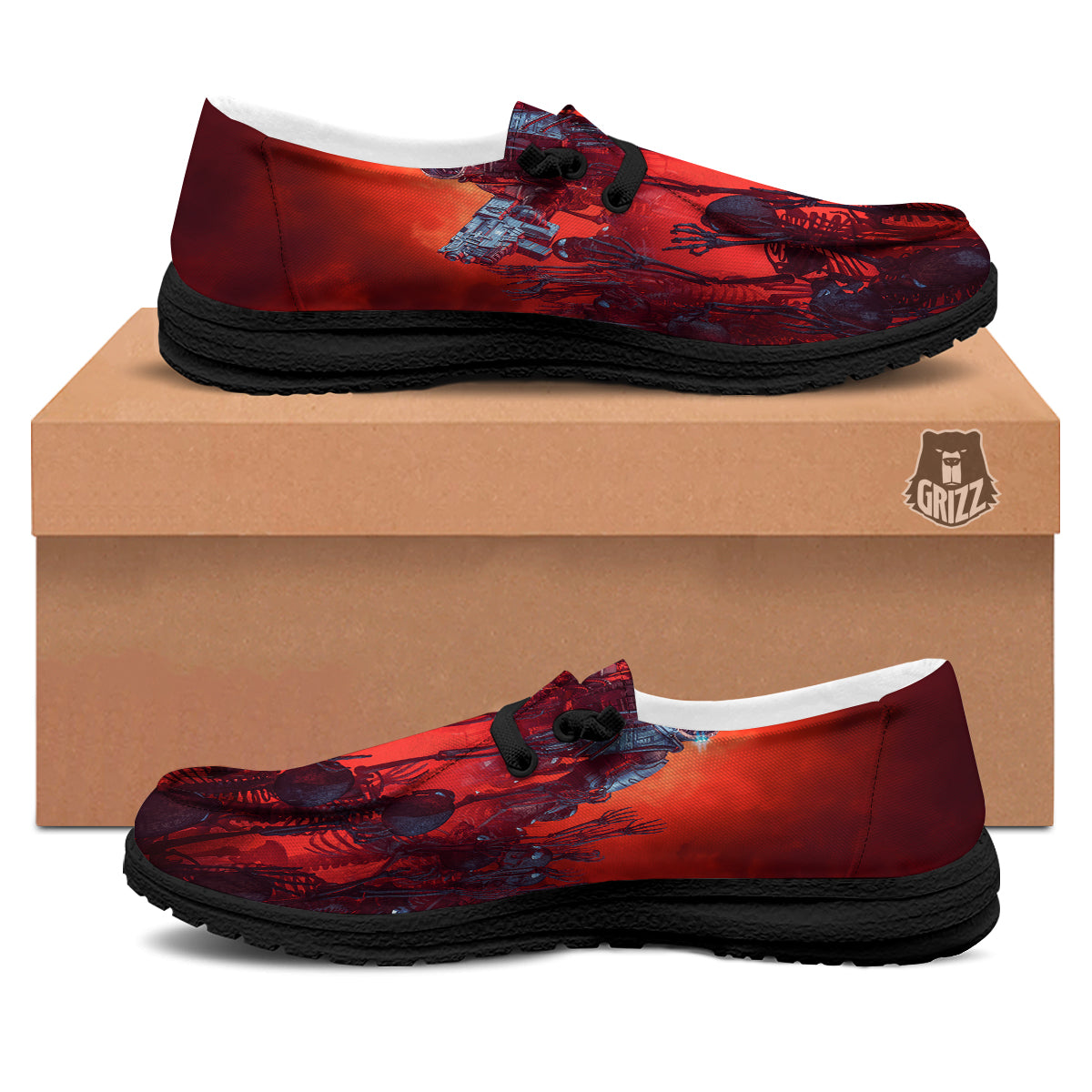 Red Robot And Skeleton Troop Print Black Loafers-grizzshop