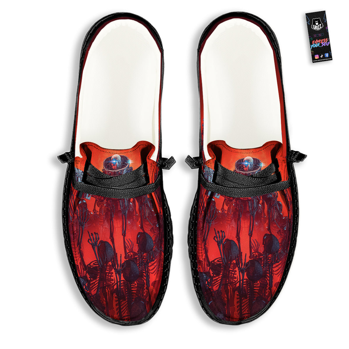 Red Robot And Skeleton Troop Print Black Loafers-grizzshop