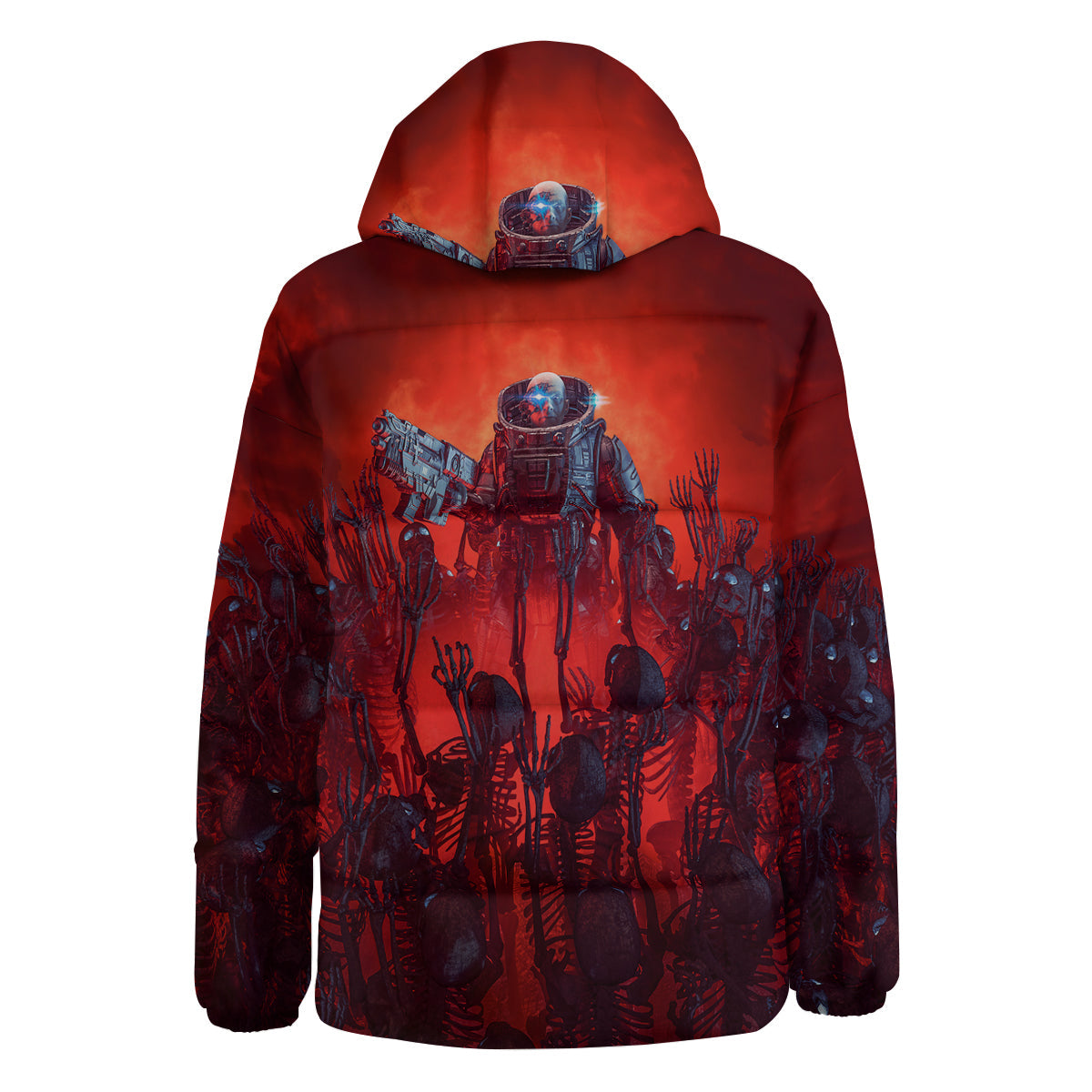 Red Robot And Skeleton Troop Print Down Jacket-grizzshop