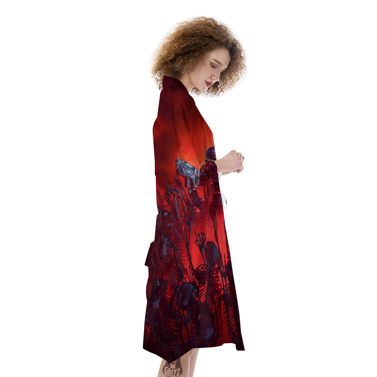 Red Robot And Skeleton Troop Print Kimono-grizzshop