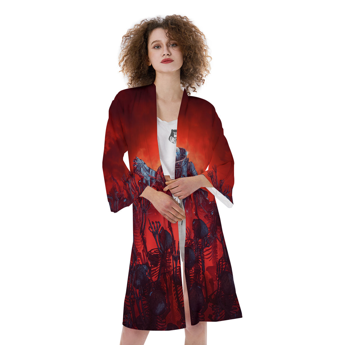 Red Robot And Skeleton Troop Print Kimono-grizzshop