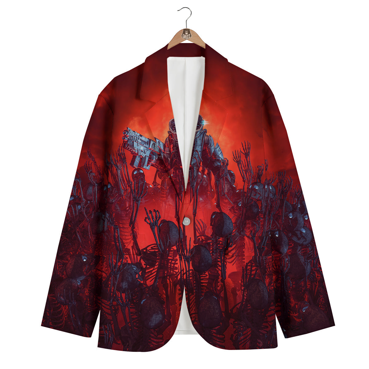 Red Robot And Skeleton Troop Print Men's Blazer-grizzshop