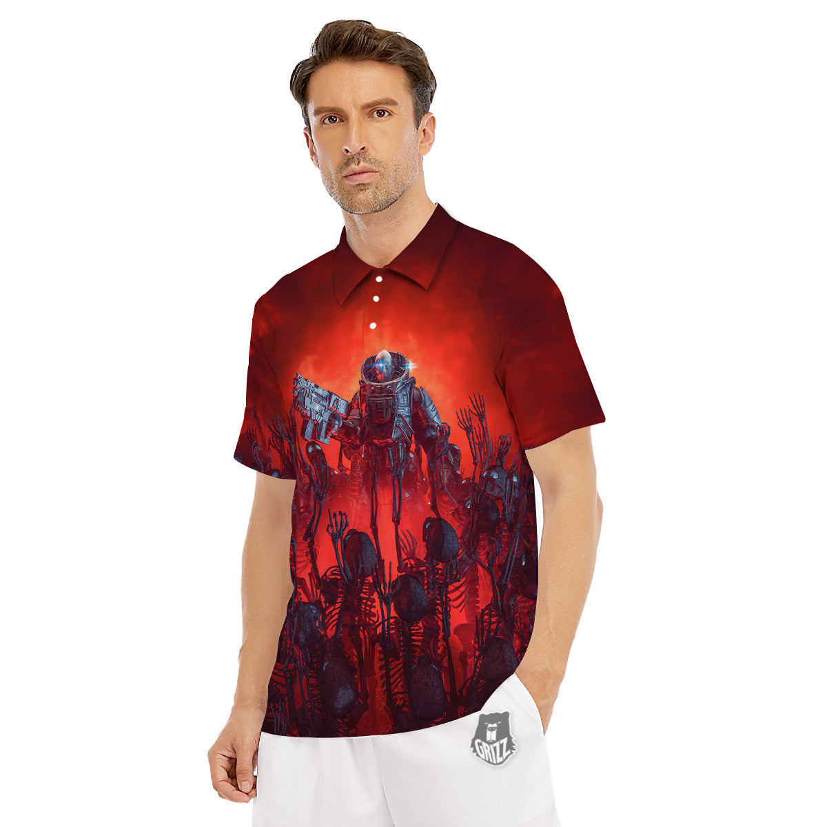 Red Robot And Skeleton Troop Print Men's Golf Shirts-grizzshop
