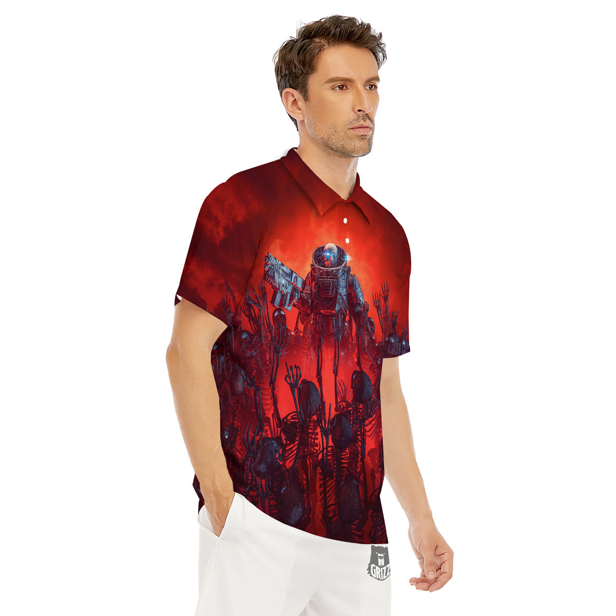 Red Robot And Skeleton Troop Print Men's Golf Shirts-grizzshop