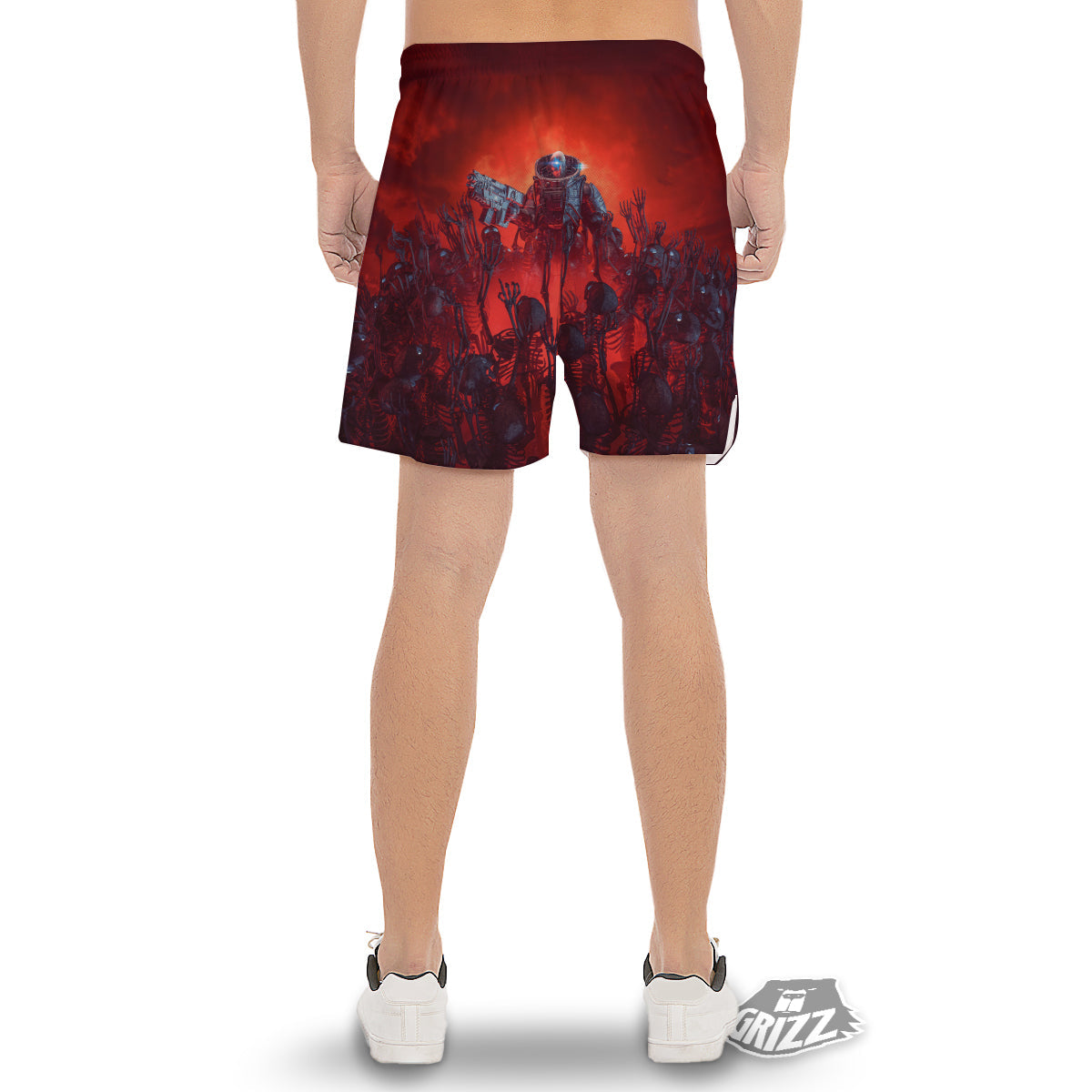 Red Robot And Skeleton Troop Print Men's Gym Shorts-grizzshop